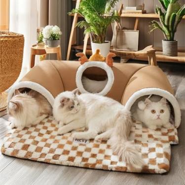 Imagem de GoofyPet Cama de túnel para gatos interna, cama caverna Peekaboo com tapete de brincar macio lavável, túnel de gato fofo removível com bolas de pelúcia, brinquedos para gatinho/filhote/coelho (marrom