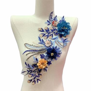Imagem de Rosa Azul Poliéster Malha Bordado Flor Renda Patch Costurar Apliques Roupas Patch Decoração Adesivos DIY Roupas Decoração Vestido de Noiva (Azul)