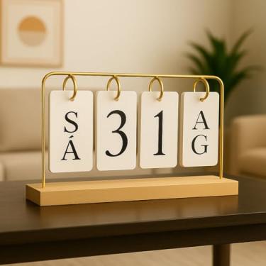 Imagem de Calendário Decorativo de Mesa Com Plaquinhas Madeira Para Casa, Escritório, Home Office (Dourado)