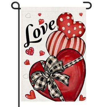 Imagem de Bandeira de jardim amor dia dos namorados 30 x 45 cm dupla face, coração vermelho de bom gosto com arco xadrez búfalo sinalizadores para varanda frontal, gramado, quintal, decorações ao ar livre DF981