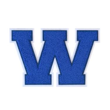 Imagem de 1 Patch de letra de chenille azul de 11,4 cm com borda branca – Adesivos do alfabeto para roupas, jaquetas, mochilas, chapéus para decoração personalizada, nome personalizado e artesanato. (W)