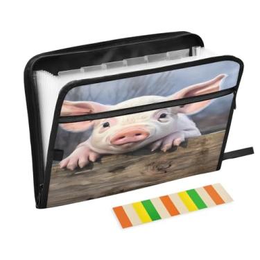 Imagem de Wassud Cute Pig Organizador de arquivos sanfonado com 13 bolsos com abas e adesivos, organizador de pastas de documentos de recibo de papel tamanho carta A4 para viagens de escritório