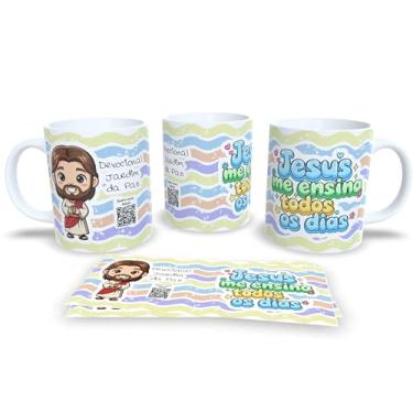 Imagem de Caneca Devocional Jardim da Paz, Branca com Listras Rosa e Verde, Flores, Tema Religioso (23001)