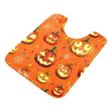 Imagem de Burbuja Tapete de banheiro brilhante Jack O Lantern Pumpkins, tapete de banho absorvente de pelúcia macio, base antiderrapante para piso de banheiro, oval em forma de U