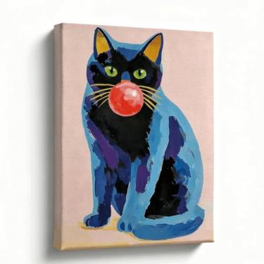 Imagem de Arte de parede de gato, tela pop art para gatos, imagem colorida de gatinho chiclete, impressão em tela emoldurada de galeria moderna, decoração de banheiro ou quarto, presente divertido para amantes