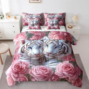Imagem de Erosebridal Conjunto de cama Queen com estampa de tigre branco, rosa, rosa, animal, 7 peças, flores românticas, floral, selvagem, vida selvagem, tigre para decoração de quarto de crianças, meninos e