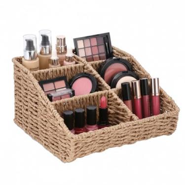 Imagem de Gdfjiy Organizador de maquiagem, cesta de vime tecida à mão para cômoda e bancada de banheiro, organizador de cosméticos com 6 compartimentos, suporte de beleza para paleta de sombra de pincel de