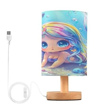 Imagem de Joisal Linda luminária de desenho de sereia para mesa de cabeceira, luminária de mesa com abajur de linho para quarto, decoração de quarto aconchegante