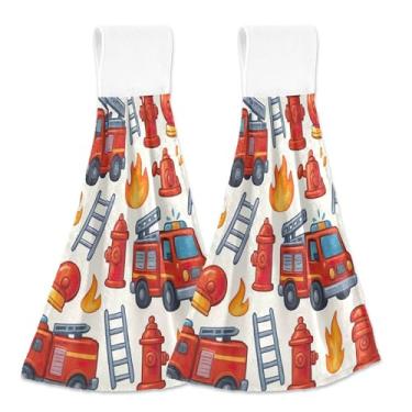 Imagem de Toalhas de mão de outono com laço para pendurar lindos caminhões de bombeiros de desenho animado conjunto de 2, toalhas decorativas de cozinha fofas absorventes macias, 46 x 35 cm