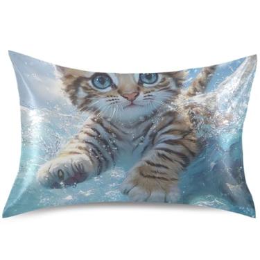 Imagem de Capa de almofada de cetim fofa com pintura de gato, almofada de resfriamento padrão king queen padronizada, tamanho padrão, 66 cm x 50 cm