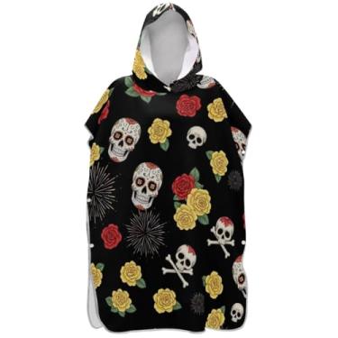 Imagem de Joisal Poncho de surfe para adultos trocador de roupa de praia com capuz toalha de banho absorvente adulto ponchos para mulheres rosa açúcar crânio preto