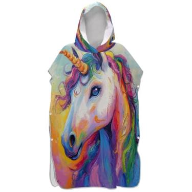 Imagem de Joisal Poncho de surfe para adultos trocador com capuz toalha de praia com capuz absorvente masculino feminino poncho com capuz unicórnio arco-íris