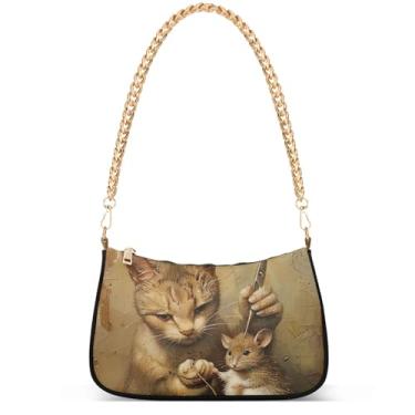 Imagem de Cowboy Rides Cavalo Deserto Linda Bolsa de Ombro Noite Hobo Bolsa Feminina Vintage Bolsa de Ombro Corrente Bonita, Corte de cabelo engraçado gato rato