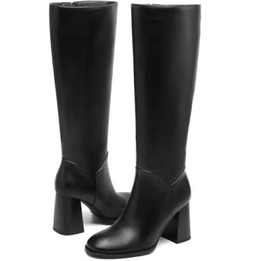 Imagem de SLXCHBSL Botas de equitação femininas na altura do joelho - Salto grosso, bico redondo, botas longas de couro sintético com zíper lateral | Moda outono inverno, conforto e estilo, Preto, 41