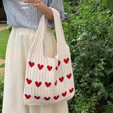 Imagem de Sacola de malha com estampa de coração amor, bolsa de ombro casual de crochê para mulheres, grande capacidade e dobrável, perfeita para compras e uso diário, design aberto - bege