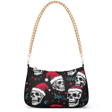 Imagem de Flamingos Beach Aquarela Bolsa feminina Hobo Party Purses Womens Evening Handbag Chain Ladies Shoulder Bag, Chapéus de Papai Noel com caveiras de Natal