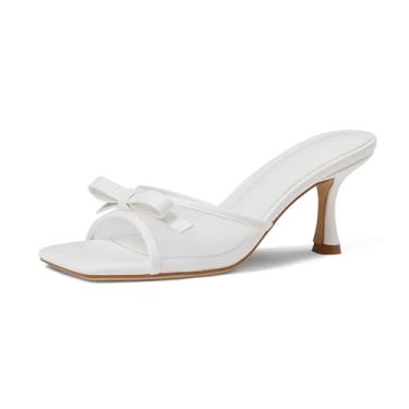 Imagem de Attiposh Sandálias femininas de salto aberto, bico quadrado, salto gatinho, sem cadarço, malha, salto mules, sapatos sociais confortáveis para festas de casamento, Branco, 40