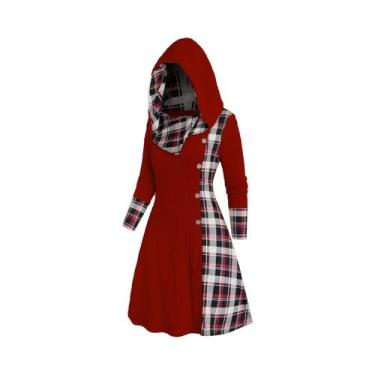 Imagem de Vestido Feminino De Malha Com Capuz Estampa Xadrez, Cintura Alta, Mang