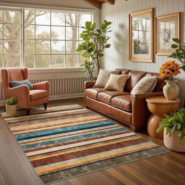 Imagem de jinchan Tapete de área moderno, listrado, lavável, macio, grande, cobertura, antiderrapante, colorido, para quarto, cozinha, sala de jantar, escritório, pinho amanhecer