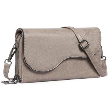 Imagem de GOIACII Bolsa transversal feminina com aba para celular, bolsa de ombro de couro vegano, carteira vintage com alça de poliuretano, Cinza claro