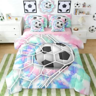 Imagem de Erosebridal Jogo de cama casal de futebol feminino com lençol esportivo em uma bolsa, 7 peças, conjunto de edredom de futebol para crianças, aquarela tie dye, reversível, rosa