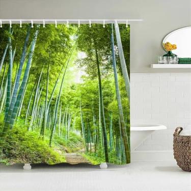 Imagem de Ganchos de cortina de chuveiro com paisagem de jardim de floresta natural tecido impermeável árvores rurais decoração de cenário de bambu cortinas de banheiro 200 x 253 cm/L x A gotas de banho