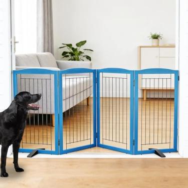 Imagem de ZJSF Cerca interna independente para cães, portão dobrável para portas, escadas ou corredores, portão extra largo de madeira resistente para animais de estimação com pés de suporte para casa, azul, 81
