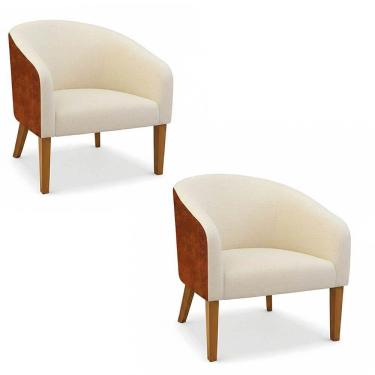 Imagem de Poltrona Sala Decorativa Kit 2 Stella Pé Madeira Trapézio Castanho Sintético Pu Nozes-linho Bege D03 - D'rossi
