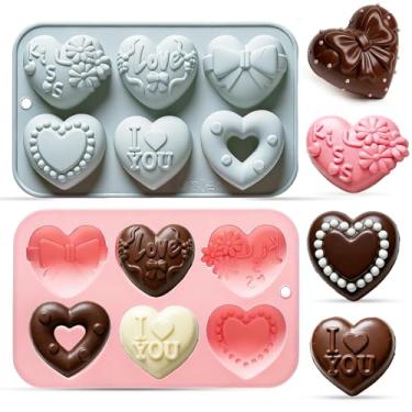 Imagem de 2 moldes de silicone em forma de coração, 6 moldes de dia dos namorados para chocolate, doces, gomas e cubos de gelo - moldes antiaderentes para assar com padrões de amor e rosa