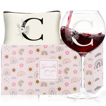 Imagem de Presentes de Natal para mulheres, taças de vinho com monograma com bolsa de maquiagem, presentes exclusivos de elefante branco de casamento para mãe, pai, irmã, professora, esposa, marido (C)