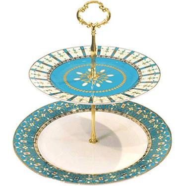 Imagem de Bandeja de frutas, bandeja de servir de camada com placa de cerâmica redonda, suporte de aço inoxidável dourado para festa de aniversário, casamento, casa