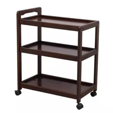 Imagem de Prateleiras de armazenamento de madeira de 3 camadas Rack de carrinho de servir com alça e rodas traváveis, rack de carrinho móvel de madeira de borracha para cozinha de escritório em casa (cor