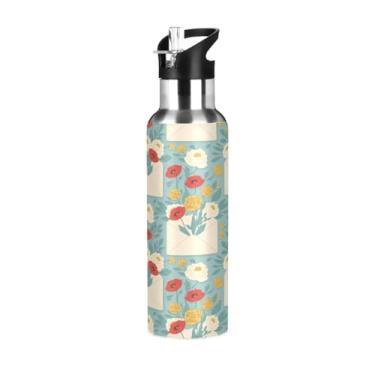 Imagem de Wassud Garrafa de água envelope floral de aço inoxidável garrafa de água esportiva com canudo garrafas de água isoladas copo portátil de viagem 947 ml