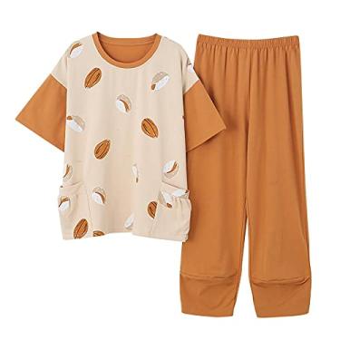 Imagem de HHHJQFAAT Pijamas para mulheres, roupa de dormir, manga curta, casual, tamanho grande, roupa de casa (laranja 1X)