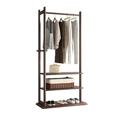 Imagem de SLGGPJBU Cabideiro de chão com economia de espaço, suporte de metal, trilho de metal, com 3 camadas, prateleiras de armazenamento para roupas, sapatos, chapéus, bolsas, suporte de roupas