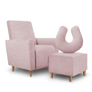 Imagem de Kit Amamentação Poltrona + Puff + Almofada Julia Suede Rosa Bebe