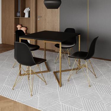 Imagem de Mesa Jantar Industrial Quadrada 90Cm Preta Base V Com 4 Cadeiras Pretas Base Dourada Cor: Preto