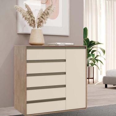 Imagem de Cômoda 5 Gavetas 1 Porta em MDF Select Belmax, Carvalho/Off White