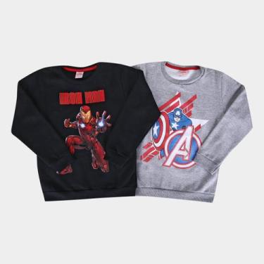 Imagem de Kit Blusa Moletom Infantil Marvel Manga Longa Avengers Menino - 2 Peça