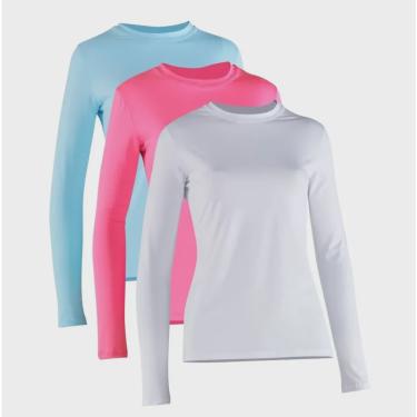 Imagem de Kit 3 Camiseta Proteção Solar Feminina Manga Longa Uv50 + 1 Azul Bebê 1 Rosa 1 Branca