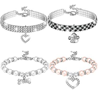 Imagem de Conjunto de colar de cachorro e pérola com 4 peças, colar de cachorro com strass, colar de cachorro de animal de estimação com cristal de diamante para cães de estimação, colar de pérolas para meninas pequenas e gatos