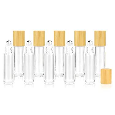 Imagem de Pacote com 10 frascos de bambu roll-on de 10 ml, frasco de rolo de vidro transparente vazio para óleos essenciais, bolas de rolo de aço inoxidável, perfume, frasco de viagem, recipiente de pipeta e abridor incluído