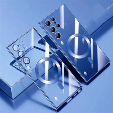 Imagem de MVVKKY Capa de carregamento magnética sem fio à prova de choque para Samsung S23 Ultra S23 S22Ultra S21 Plus Tampa traseira de vidro com lente transparente, azul marinho, para Samsung S22 Plus