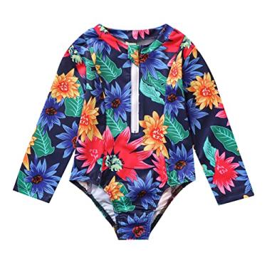 Imagem de Mercatoo Verão infantil meninas manga longa estampa floral 1 peça maiô praia biquíni meninas roupa de banho 10, Azul, 1-2 Anos