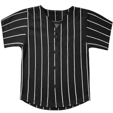 Imagem de Camiseta infantil de beisebol listrada de botão hip hop hipster personalizada para meninos, Listra preta, 12 Anos