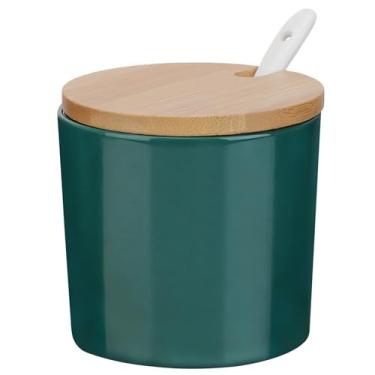 Imagem de Kitchenexus Açucareiro com tampa e colher, recipiente de açúcar de cerâmica com colher e tampa de bambu para cafeteria, pote dispensador de açúcar, tempero, pote de sal para cozinha, 230 ml, verde