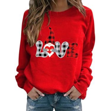Imagem de Suéter feminino Love Heart Dia dos Namorados. Camiseta listrada de manga 3/4 solta para casais presente, Vermelho, P