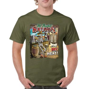 Imagem de Camiseta masculina Hot Headed Saloon But its a Dry Heat Funny Skeleton Biker Beer Drinking Cowboy Skull Southwest, Verde militar, GG