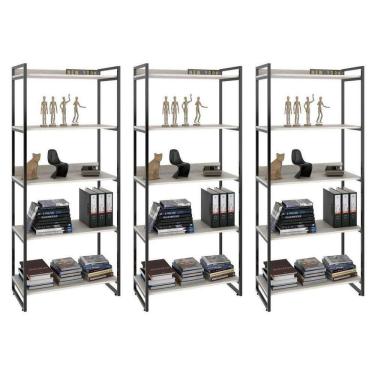 Imagem de Kit 3 Estantes Livreiro Multiuso Prisma Estilo Industrial 80cm 5 Prateleiras C08 Snow
