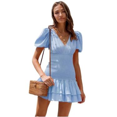 Imagem de Mini vestido feminino de verão, manga cavada, gola V, babados, Azul, XXG